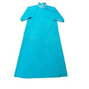 Vintage Vanity Fair Embroidered Mock Neck Night Gown House Coat Maxi Teal Size L